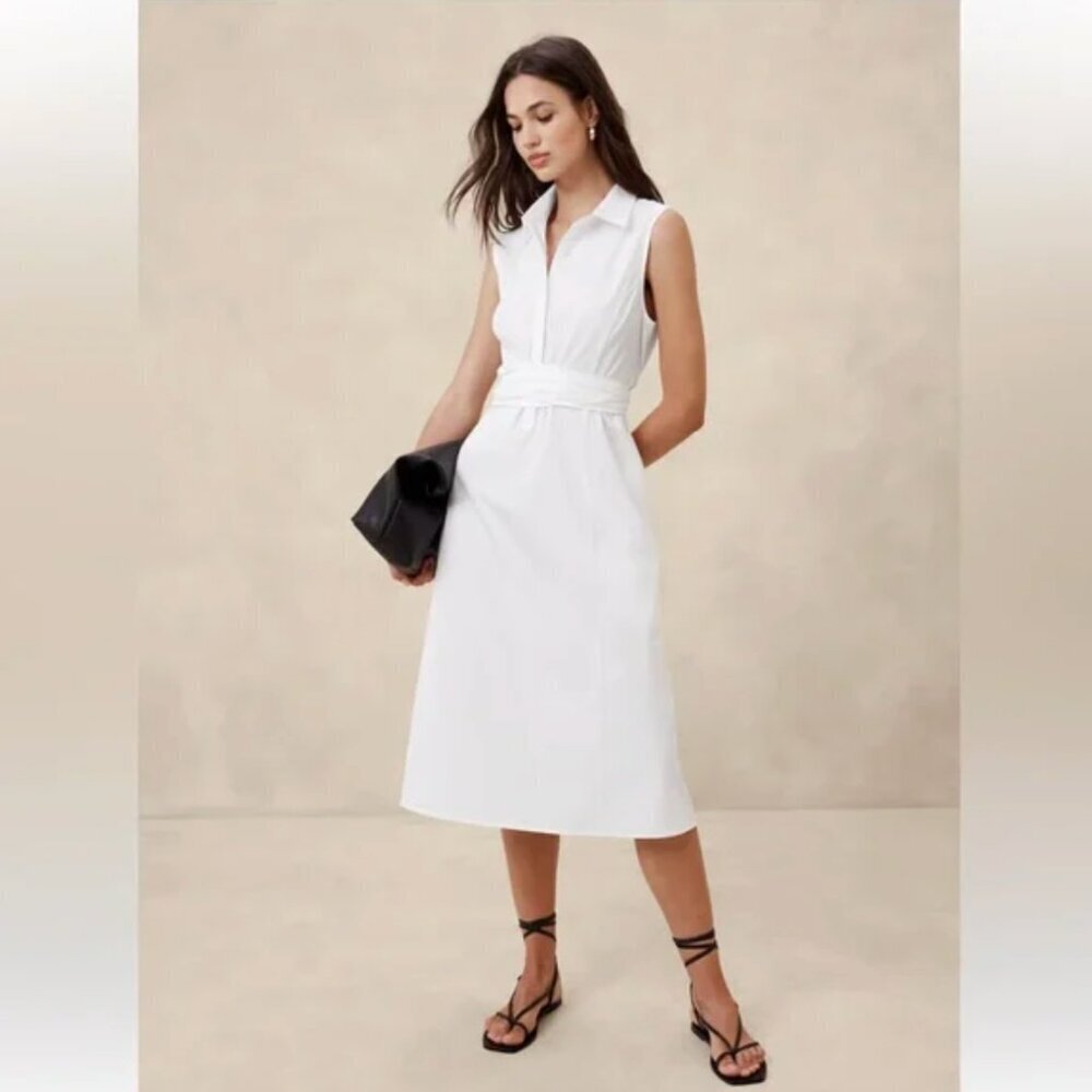 Banana Republic NWT White Cotton Poplin Cross-Waist Sleeveless Midi Dress, XS